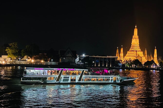 Bangkok Chao Phraya River Sunset Cruise Tour Admission Ticket - Wat Arun shines after dark