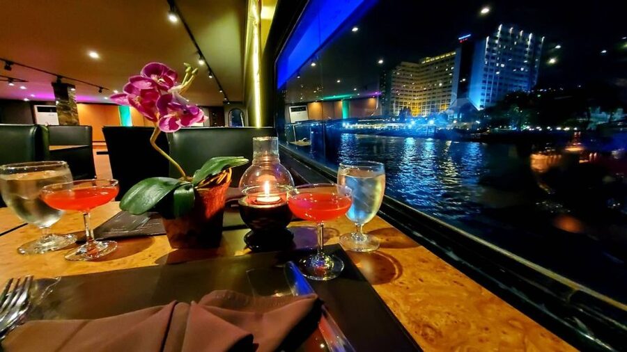 Bangkok: White Orchid Chao Phraya Dinner Cruise - Passing Rama VIII Bridge at night