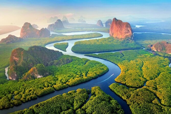 Limestone karsts standing over the mangrove channels of Phang Nga Bay
